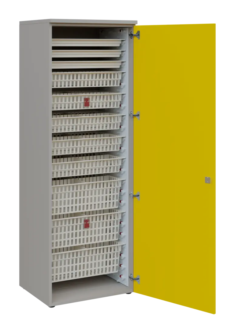 EUROMEDICA D - 66 ABS skříň léková boxová, 1-dveřová, pravá, 1950x660x535, korpus šedý, dvířka žlutá